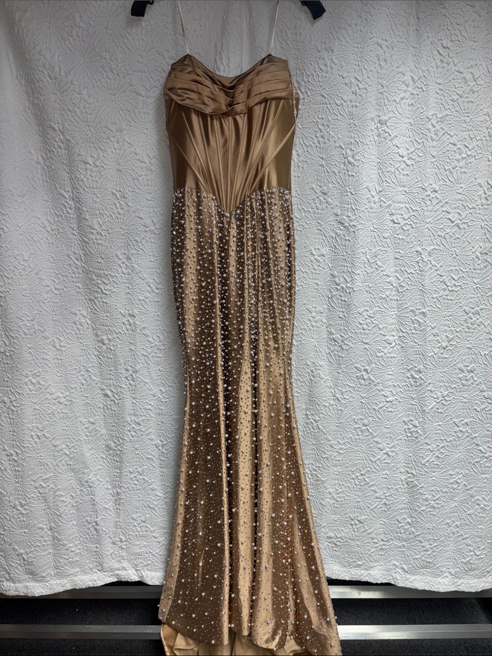 Sherri Hill 58093 nude/silver off shoulder gown